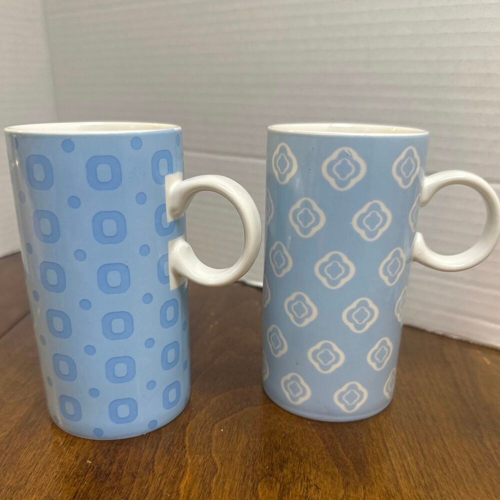 Latte mugs in blue pattern 5” tall and 2.5” wide.
